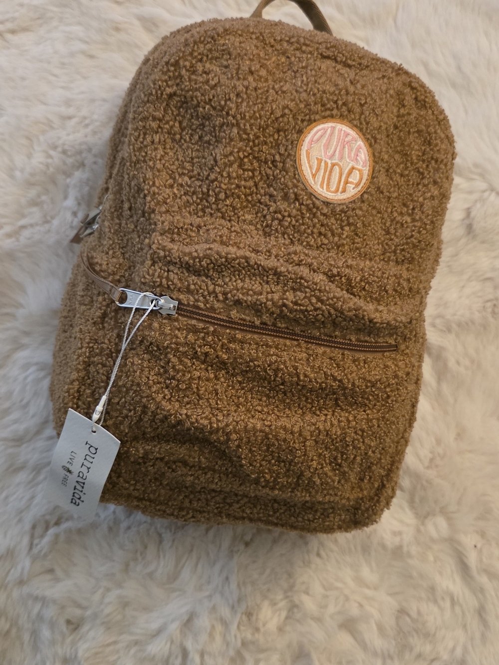 Pura Vida Brown Sherpa Backpack with Pink Logo Patch
